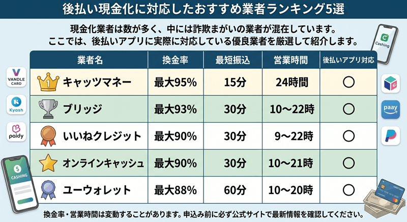 後払い現金化に対応したおすすめ業者ランキング